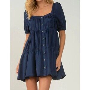 Elan Designer Navy NWT Blue Puff Sleeve Baby Doll Dress Womans Small Square Neck